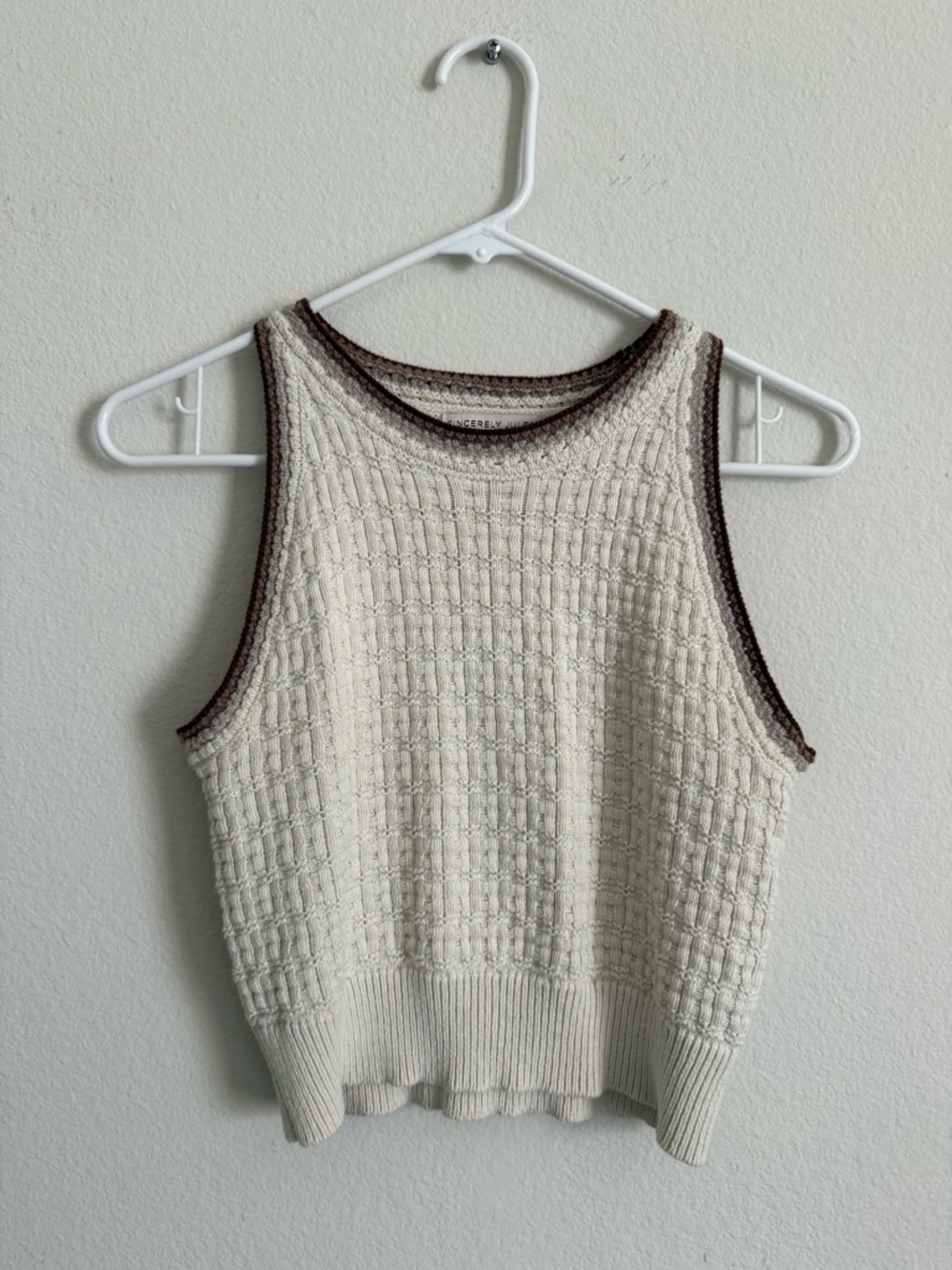 Sincerely Jules Cream Knit Tank with Brown Edge Trim